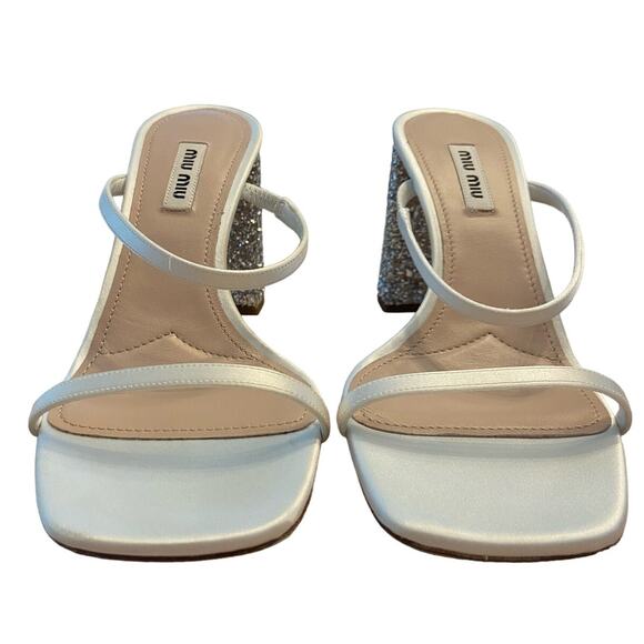 Miu Miu Forma Raso Glitter Block Heels Sandals Square Toe Bianco Argento Sz 39.5 - Picture 8 of 13